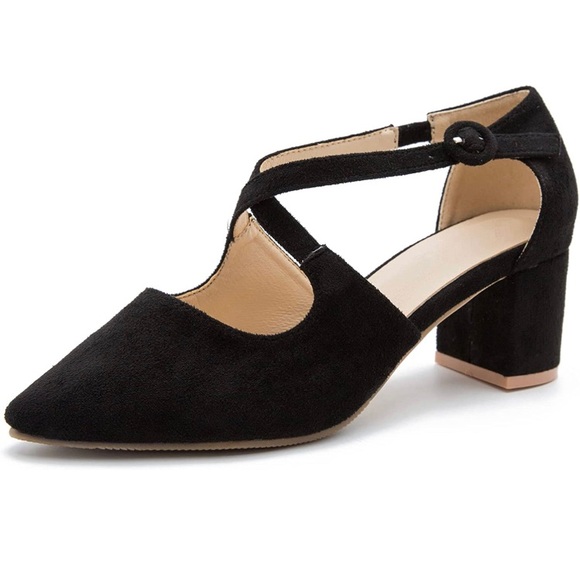 omthaka Women's Dress Shoes Pointed Toe Low Heel Pumps Cross Strap Shoes - Picture 2 of 6